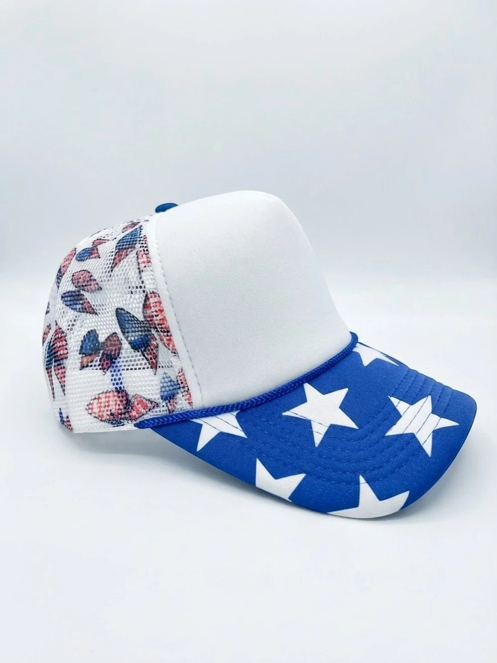 Patriotic Star & Bow Trucker Hat American USA Adjustable Snapback Cap Red Blue